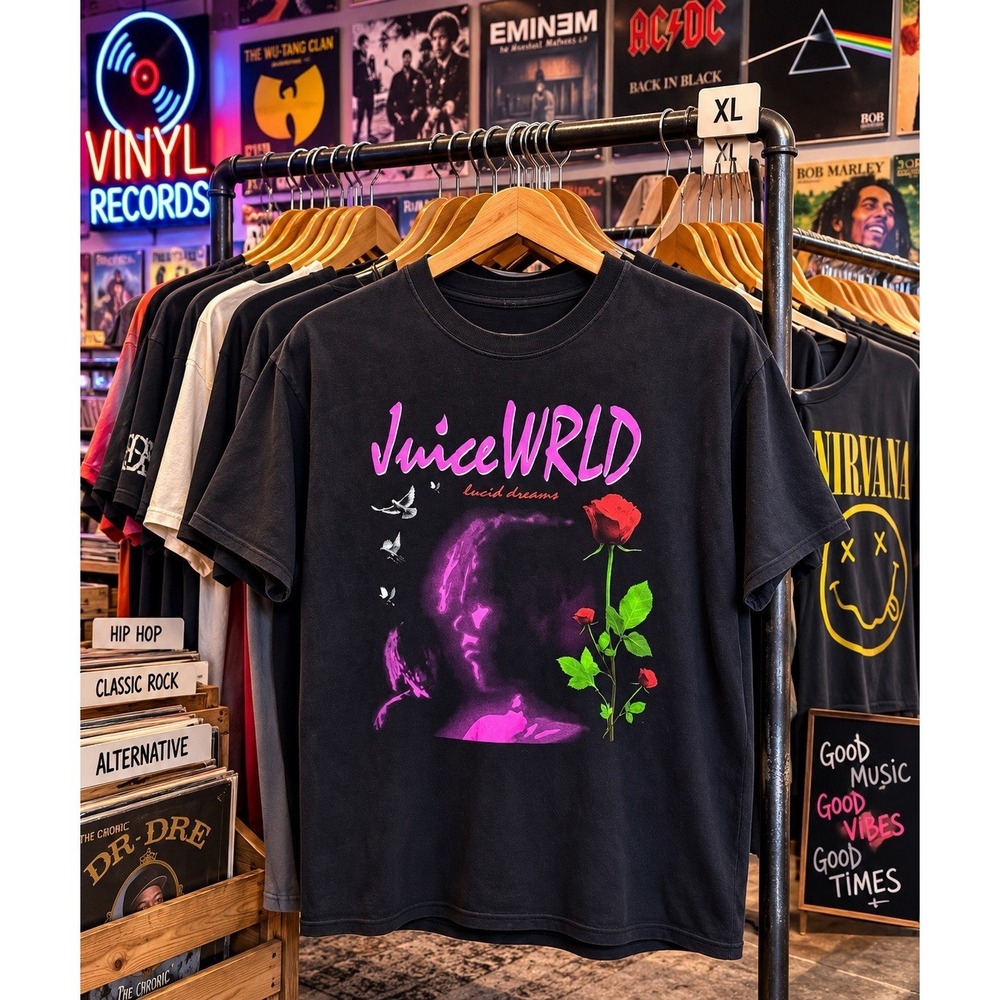 Juice Wrld 999 Lucid Dreams Size XL Graphic T-Shirt Merch Black 2018 Roses Rap - Picture 2 of 10